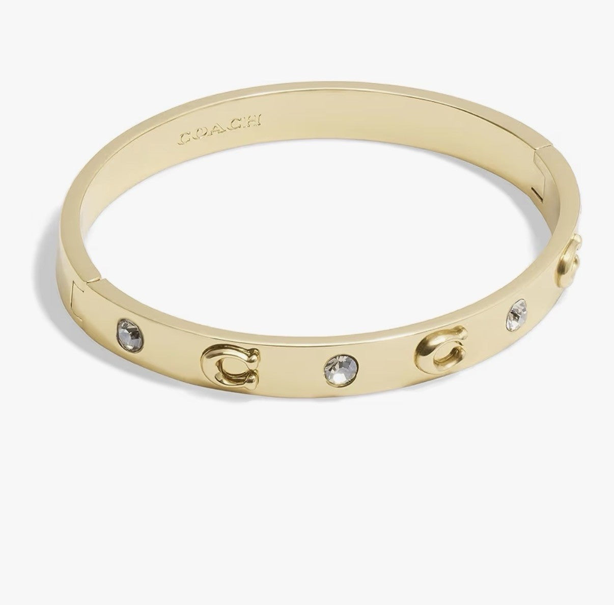 Coach NY Signature C Logo Hinged Stone Sculpted Gold Bangle Bracelet See Notes