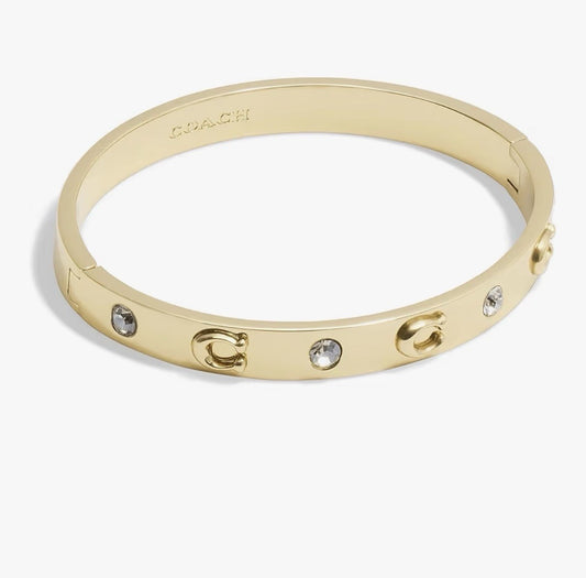 Coach NY Signature C Logo Hinged Stone Sculpted Gold Bangle Bracelet See Notes