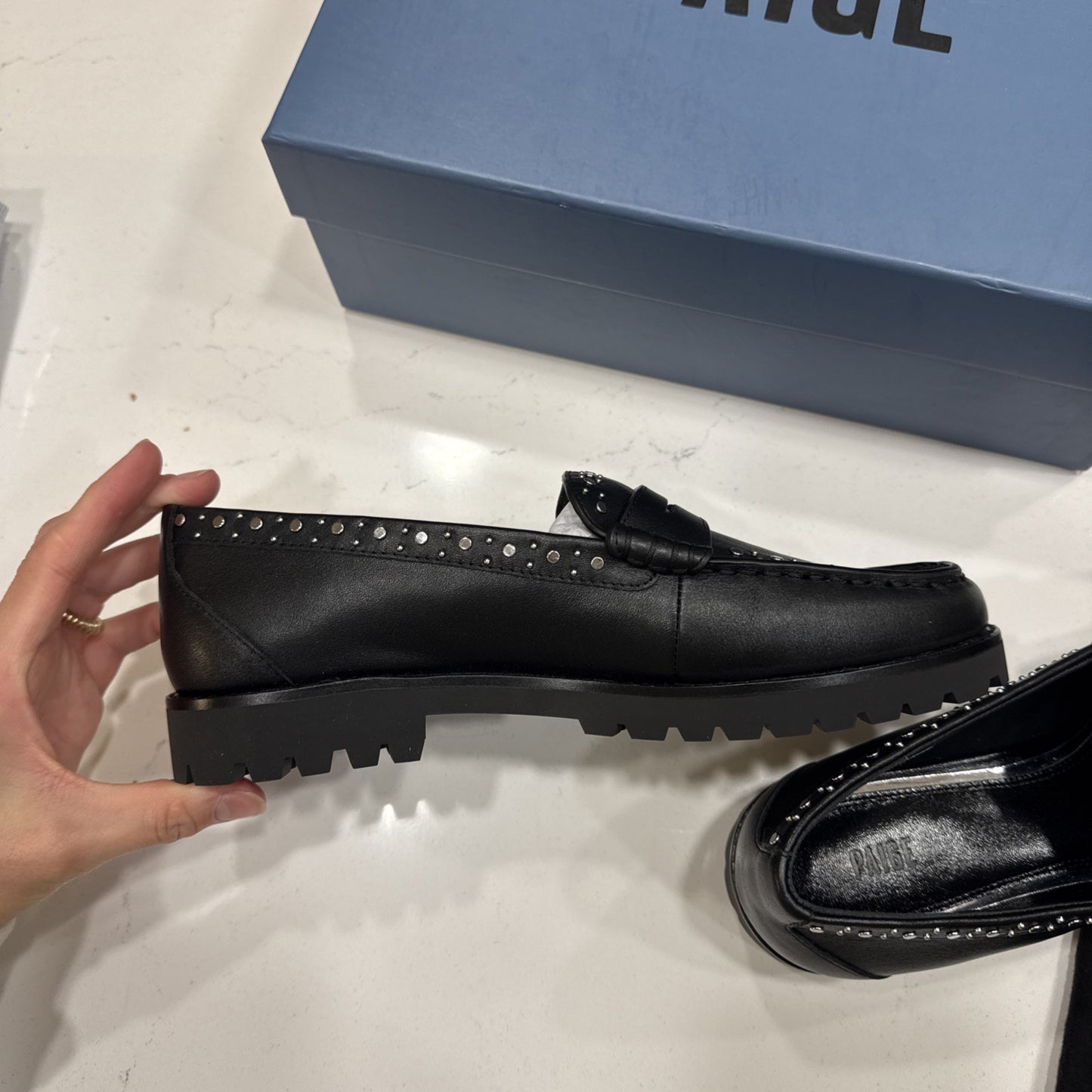 New $328 PAIGE Ellis Studded Black LEATHER Loafers size 8