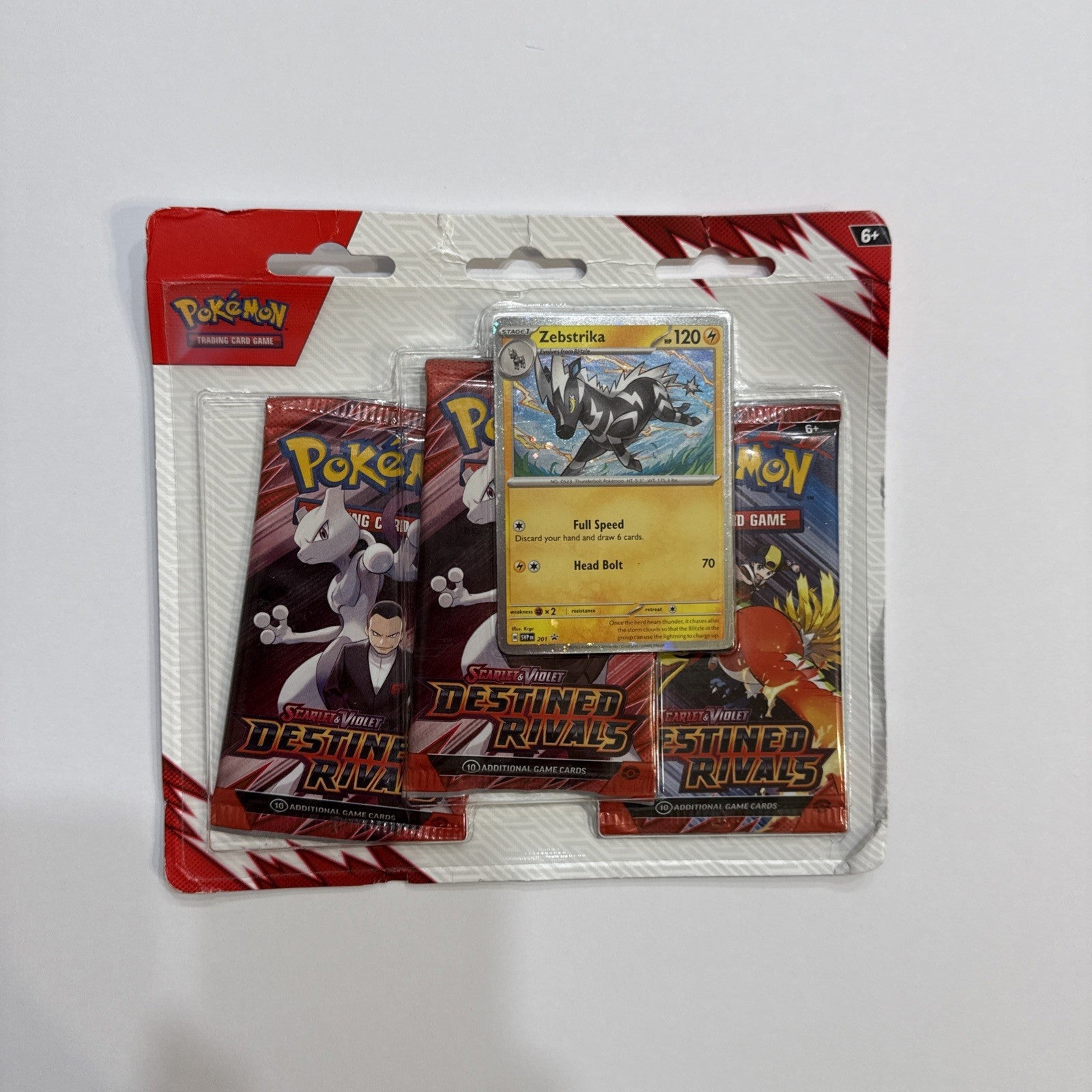 Pokémon TCG: Scarlet & Violet—Destined Rivals 3-Pack Blister featuring a Zebstri