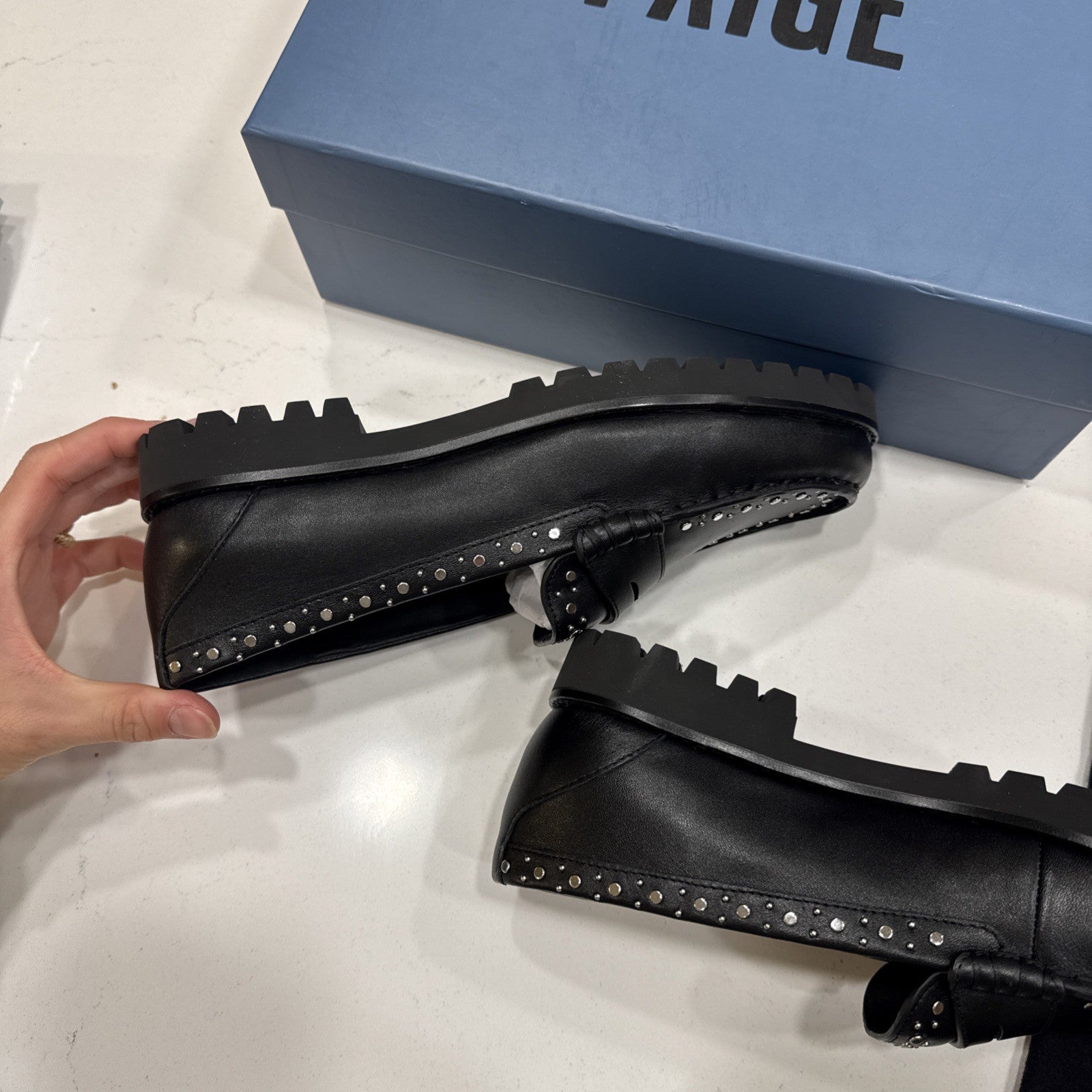 New $328 PAIGE Ellis Studded Black LEATHER Loafers size 8