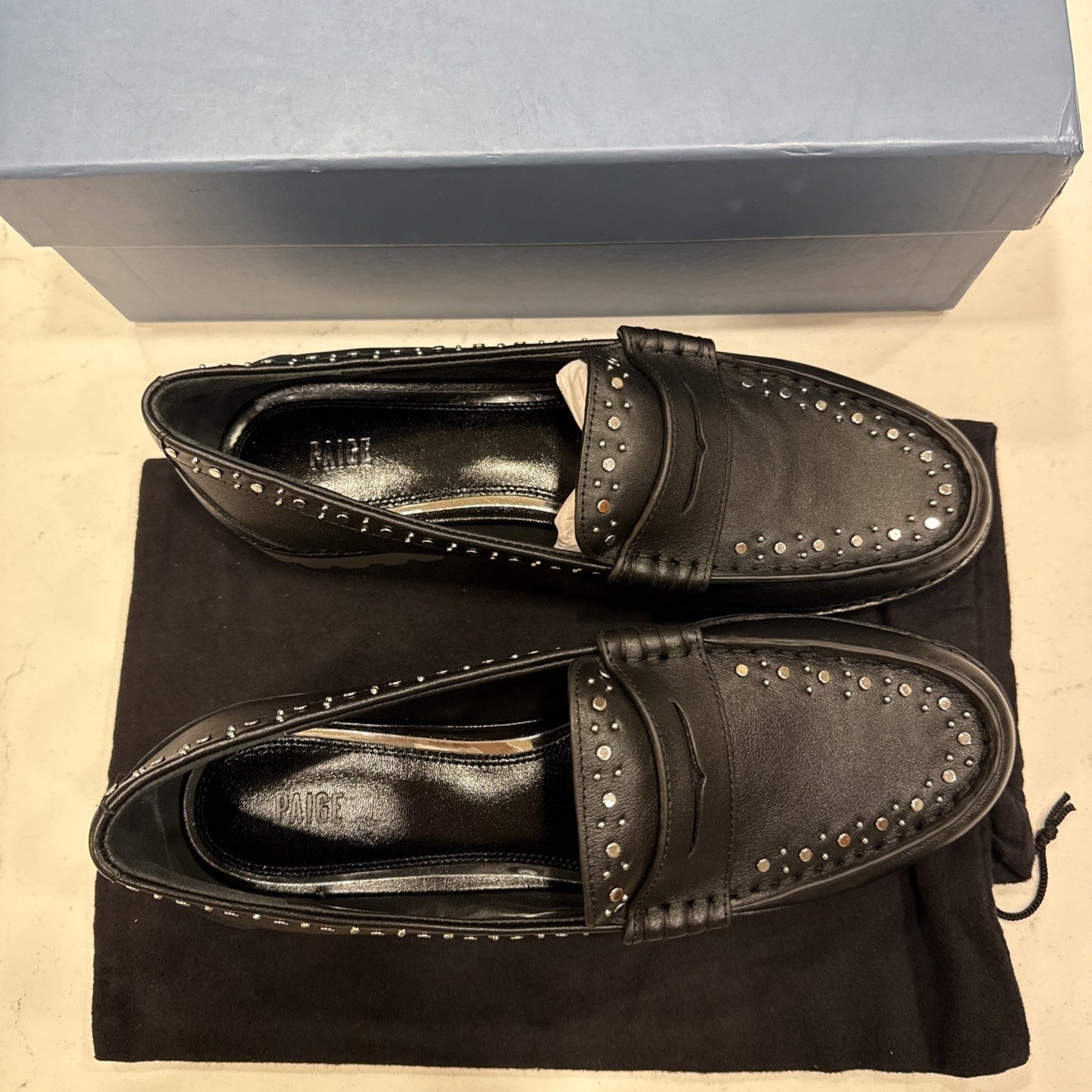 New $328 PAIGE Ellis Studded Black LEATHER Loafers size 8