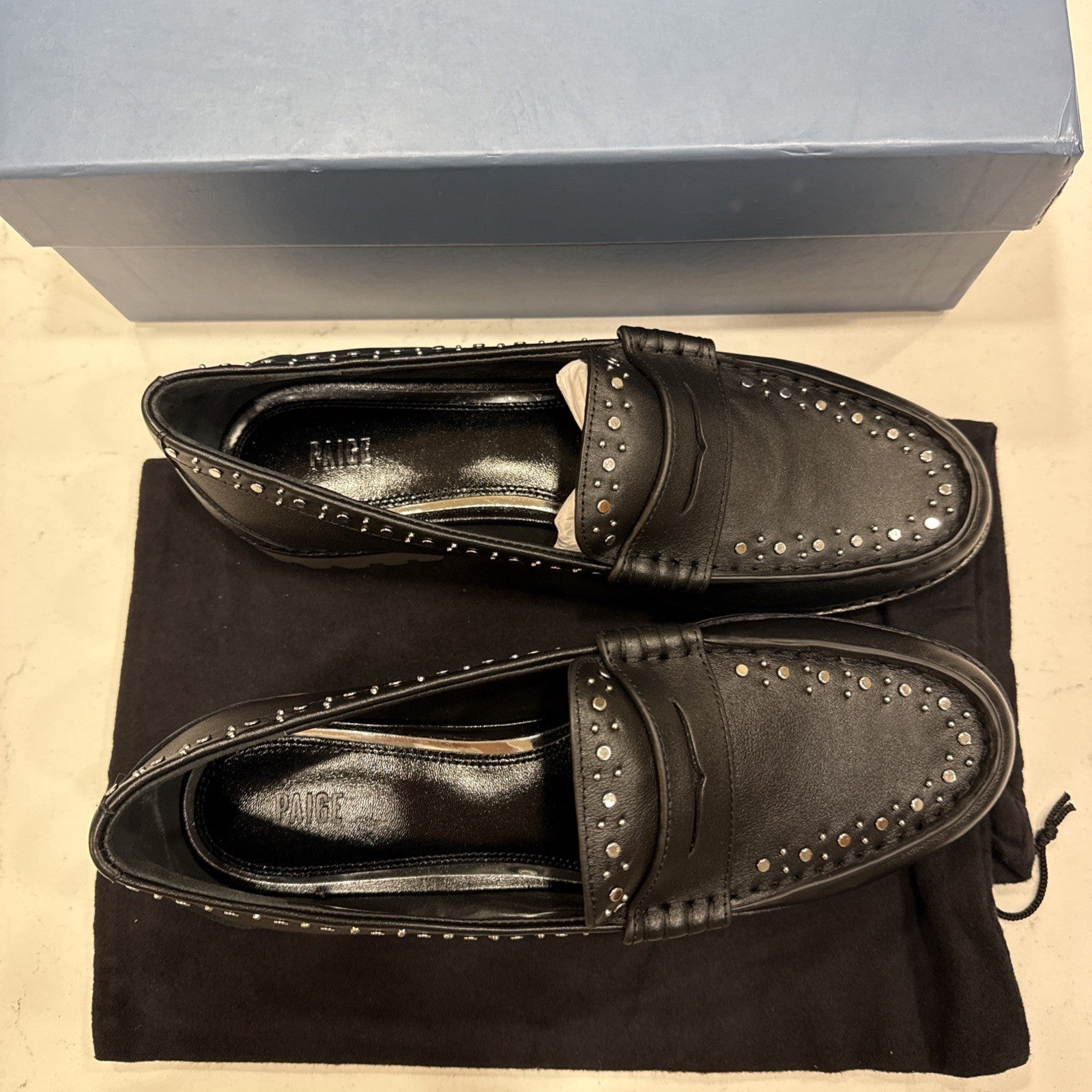 New $328 PAIGE Ellis Studded Black LEATHER Loafers size 8