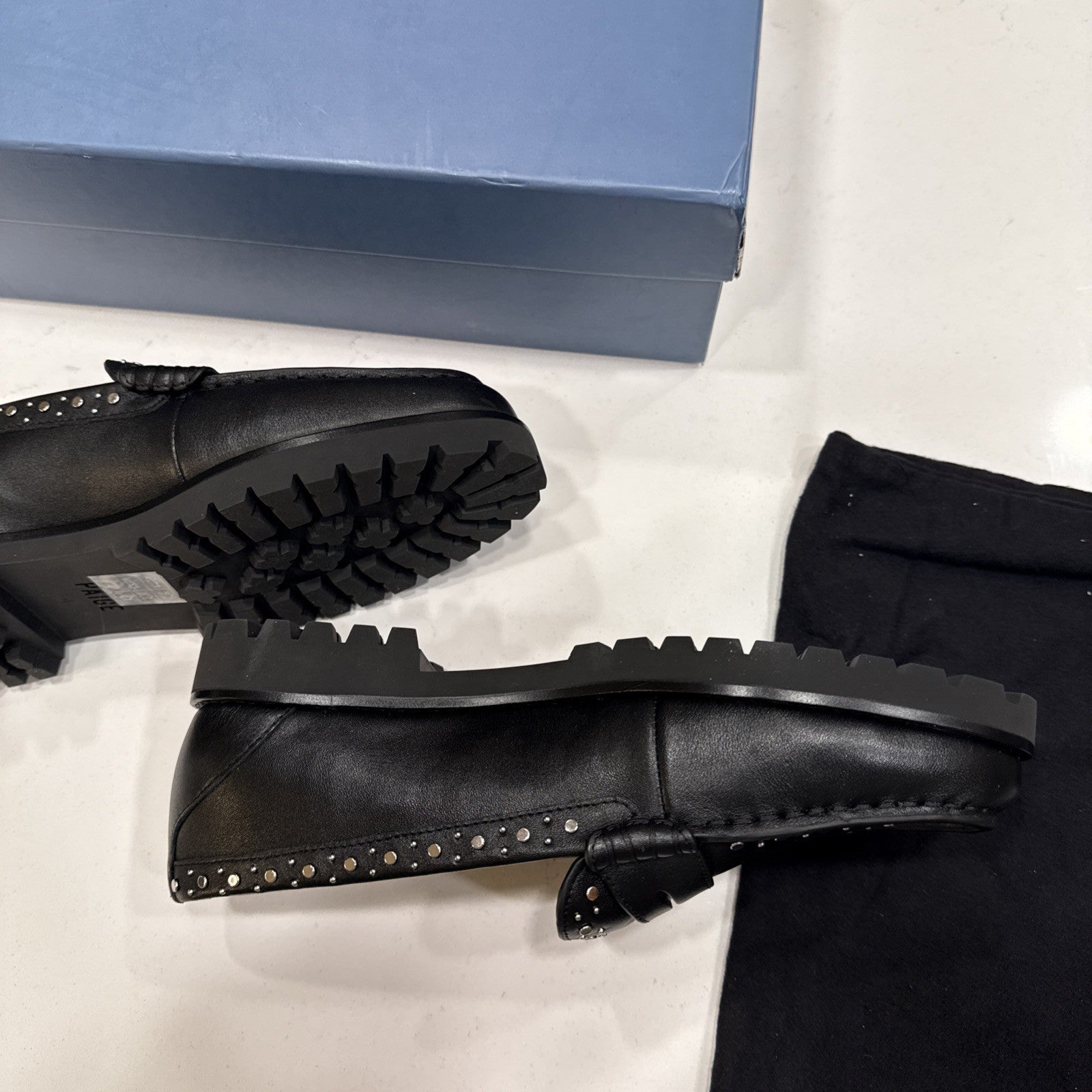 New $328 PAIGE Ellis Studded Black LEATHER Loafers size 8