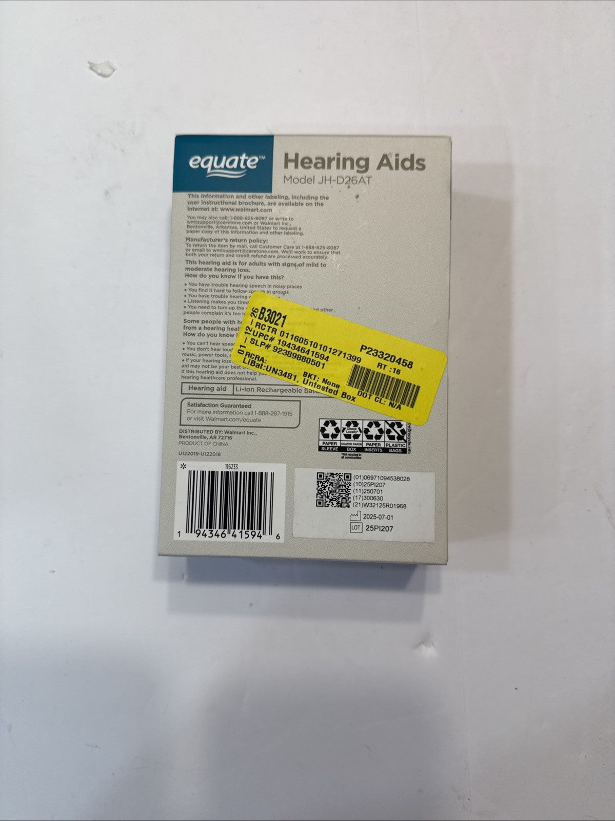 Equate OTC Rechargeable Hearing Aid Model JH-D26AT -