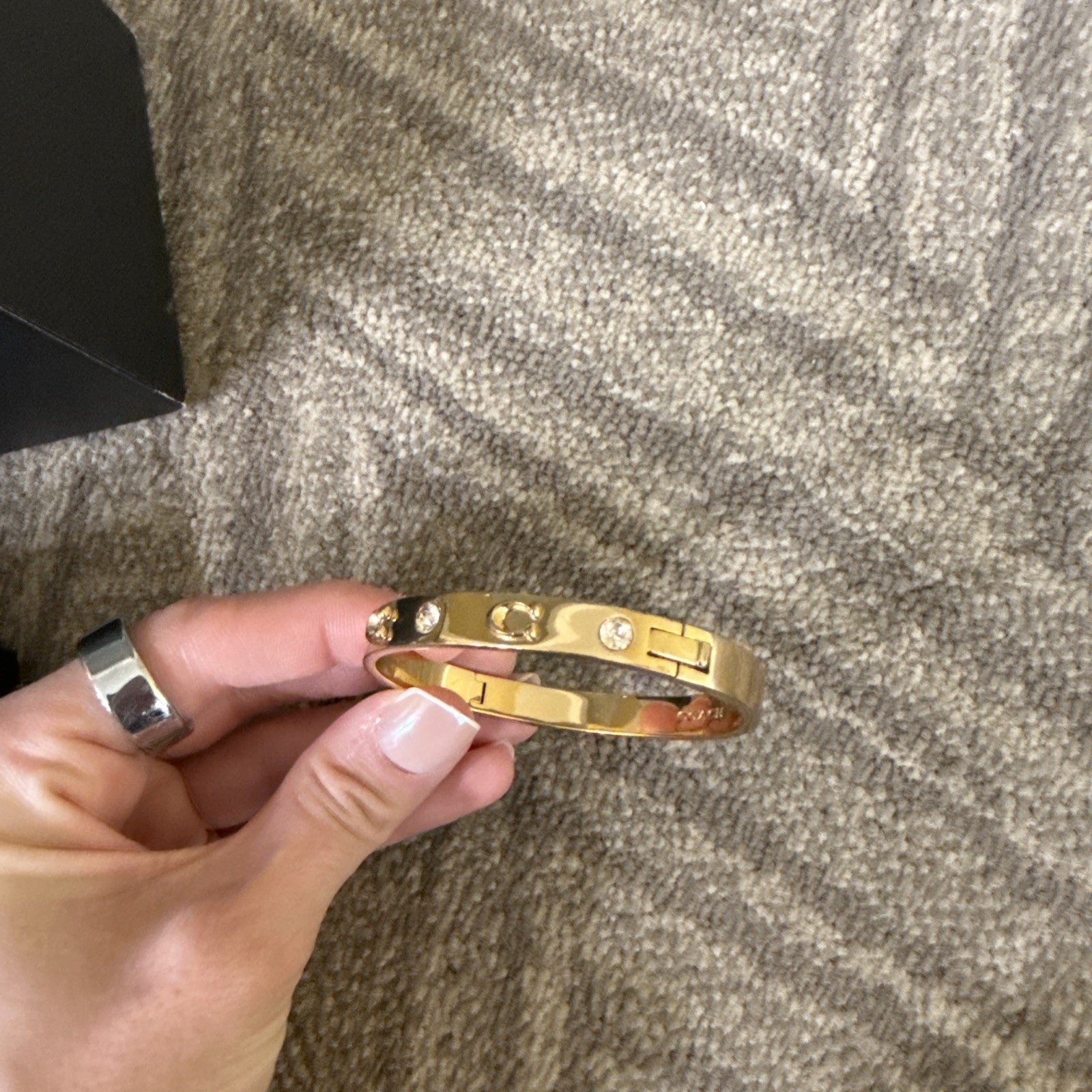 Coach NY Signature C Logo Hinged Stone Sculpted Gold Bangle Bracelet See Notes