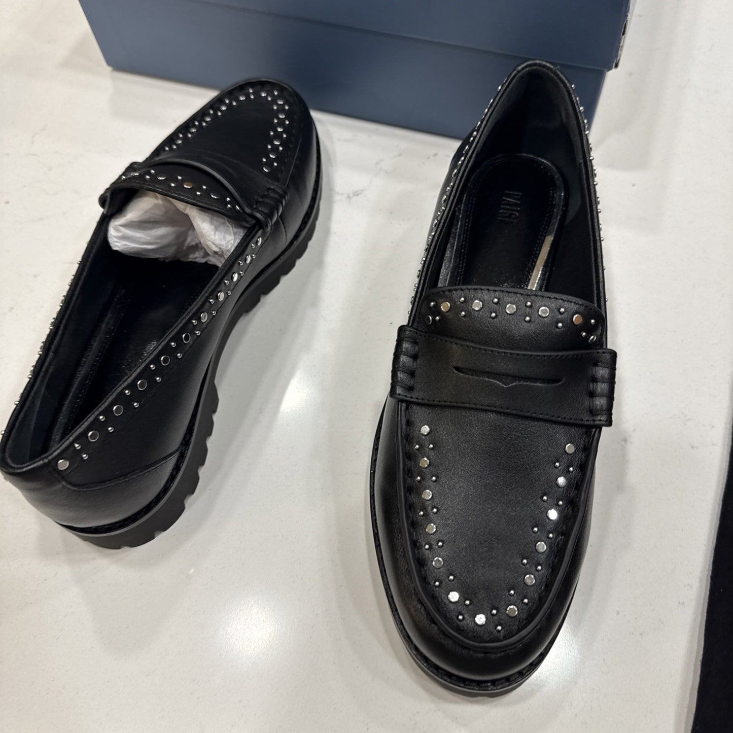 New $328 PAIGE Ellis Studded Black LEATHER Loafers size 8