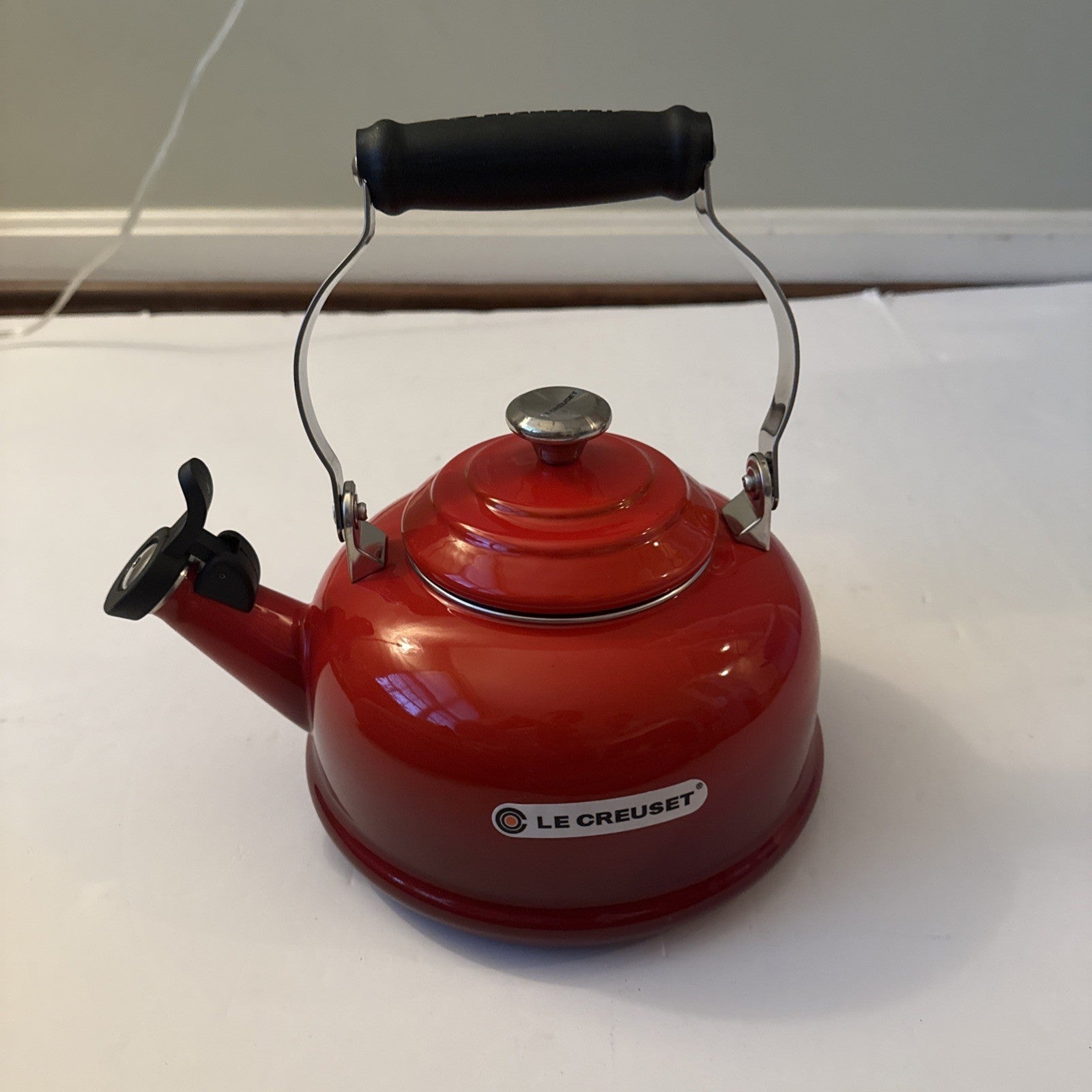 Le Creuset Enameled Steel 1.7 Quart Classic Whistling Kettle, Cerise Red - New