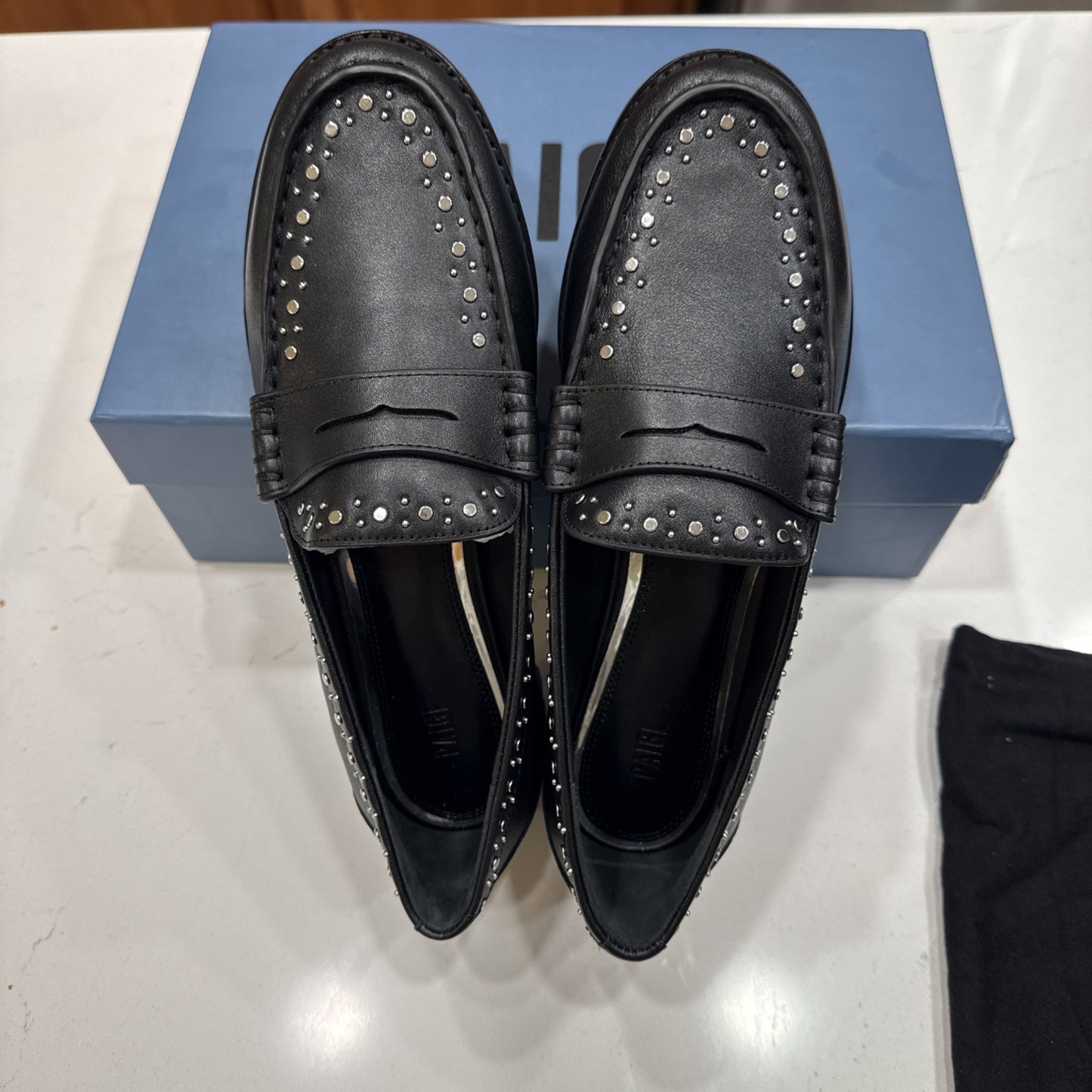 New $328 PAIGE Ellis Studded Black LEATHER Loafers size 8