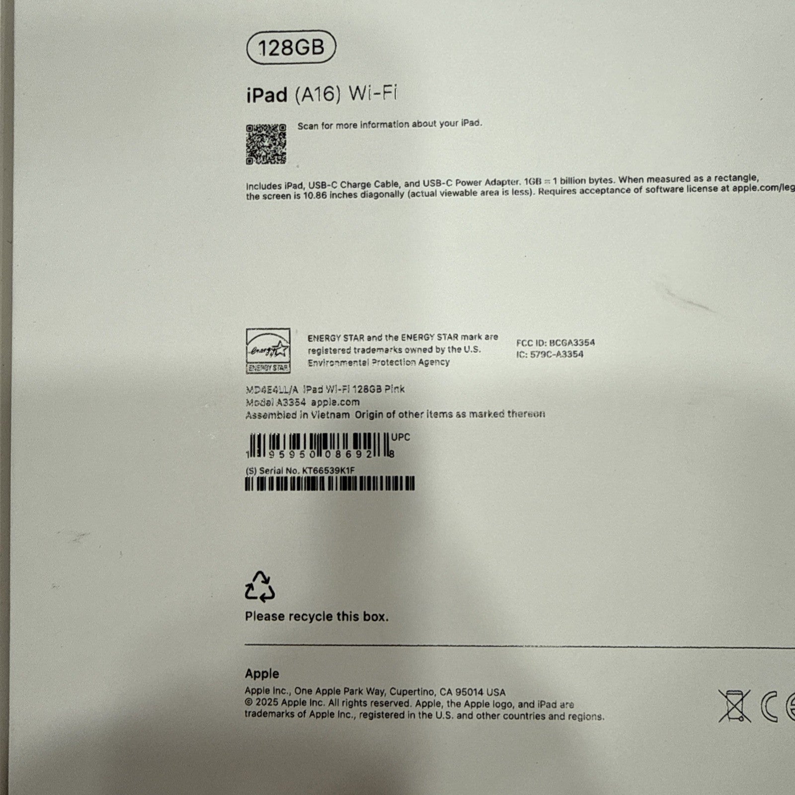 Apple iPad Pink A16 11-Inch Wi-Fi 128GB MD4E4LL/A Sealed