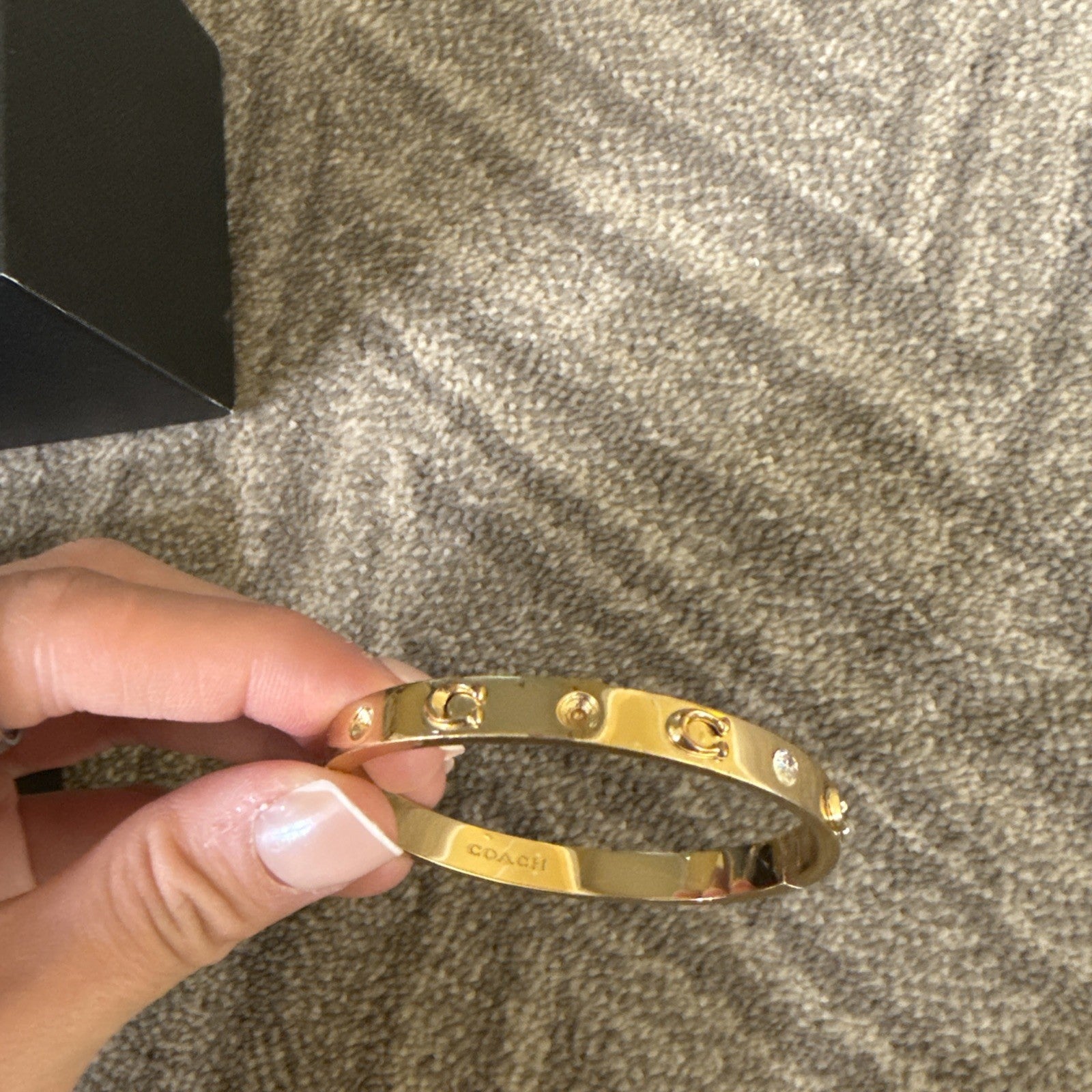 Coach NY Signature C Logo Hinged Stone Sculpted Gold Bangle Bracelet See Notes