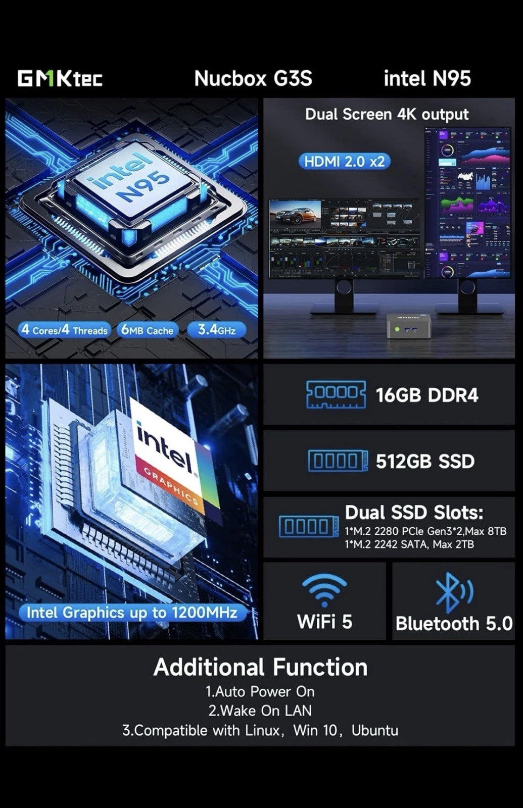 GMKtec G3S Mini PC ‎Intel Alder Lake N95 16GB RAM 512GB SSD Desktop Computer New