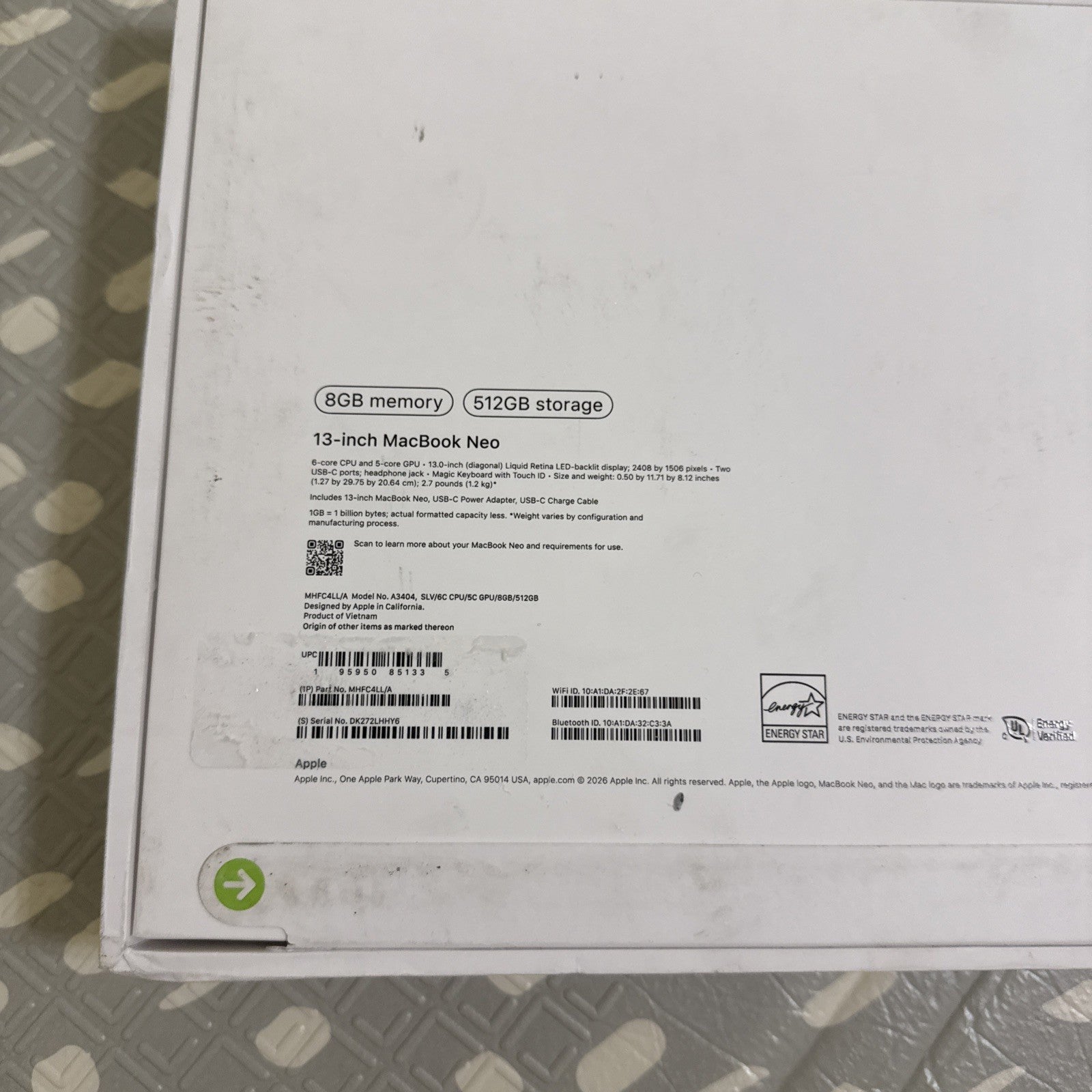 Apple Macbook Neo 13" A18 Pro chip 8GB RAM 512GB SSD 5-Core GPU Silver MHFC4LL/A