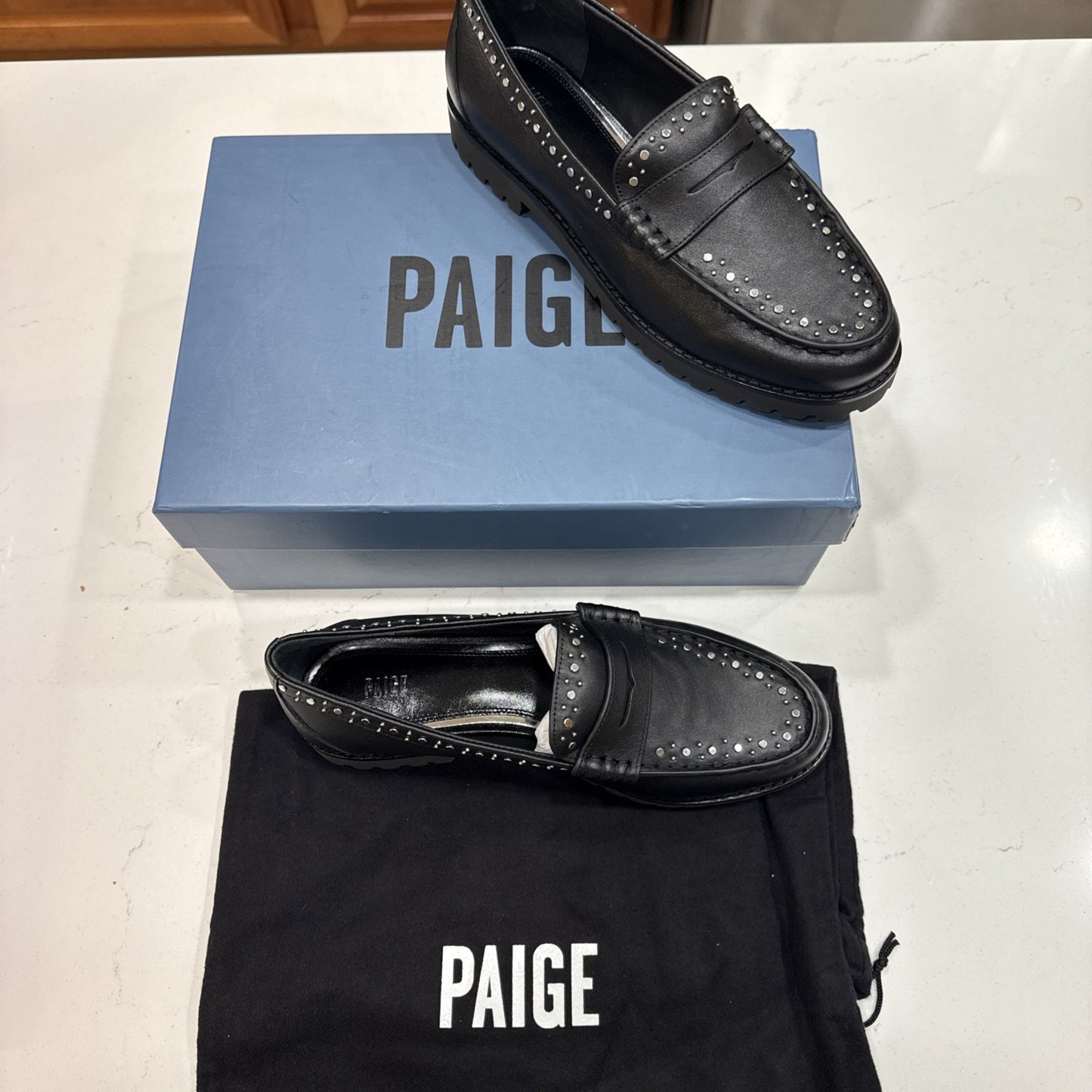 New $328 PAIGE Ellis Studded Black LEATHER Loafers size 8