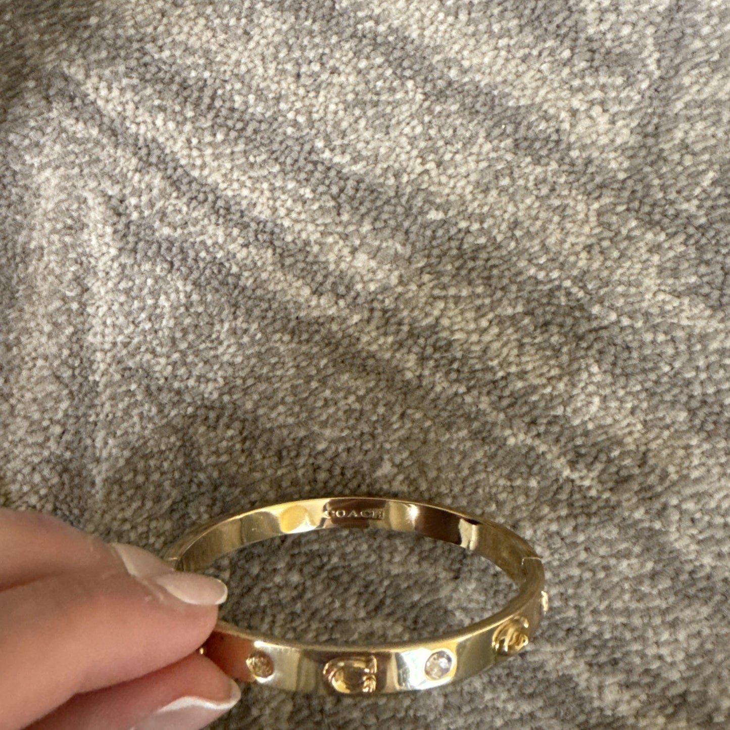 Coach NY Signature C Logo Hinged Stone Sculpted Gold Bangle Bracelet See Notes