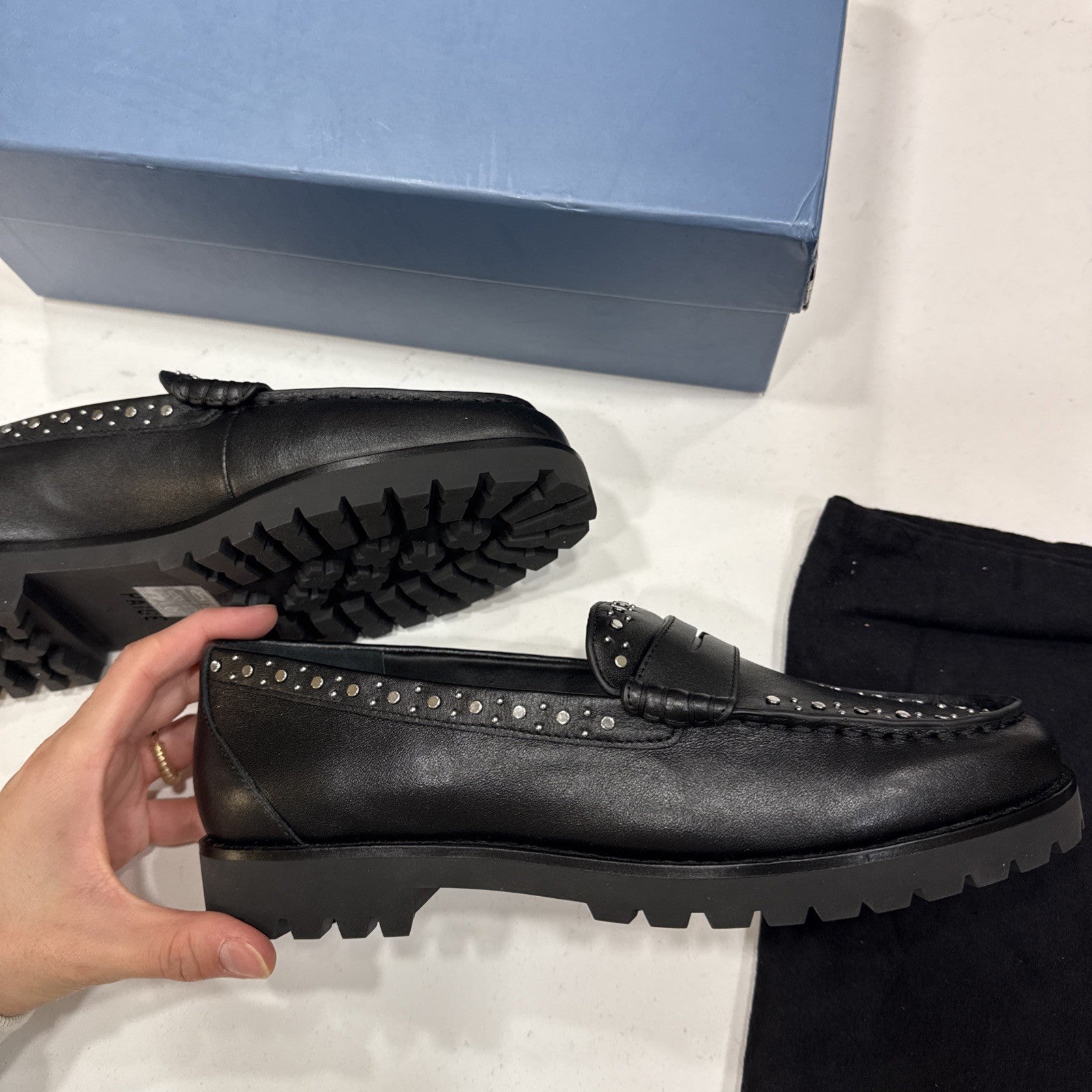 New $328 PAIGE Ellis Studded Black LEATHER Loafers size 8