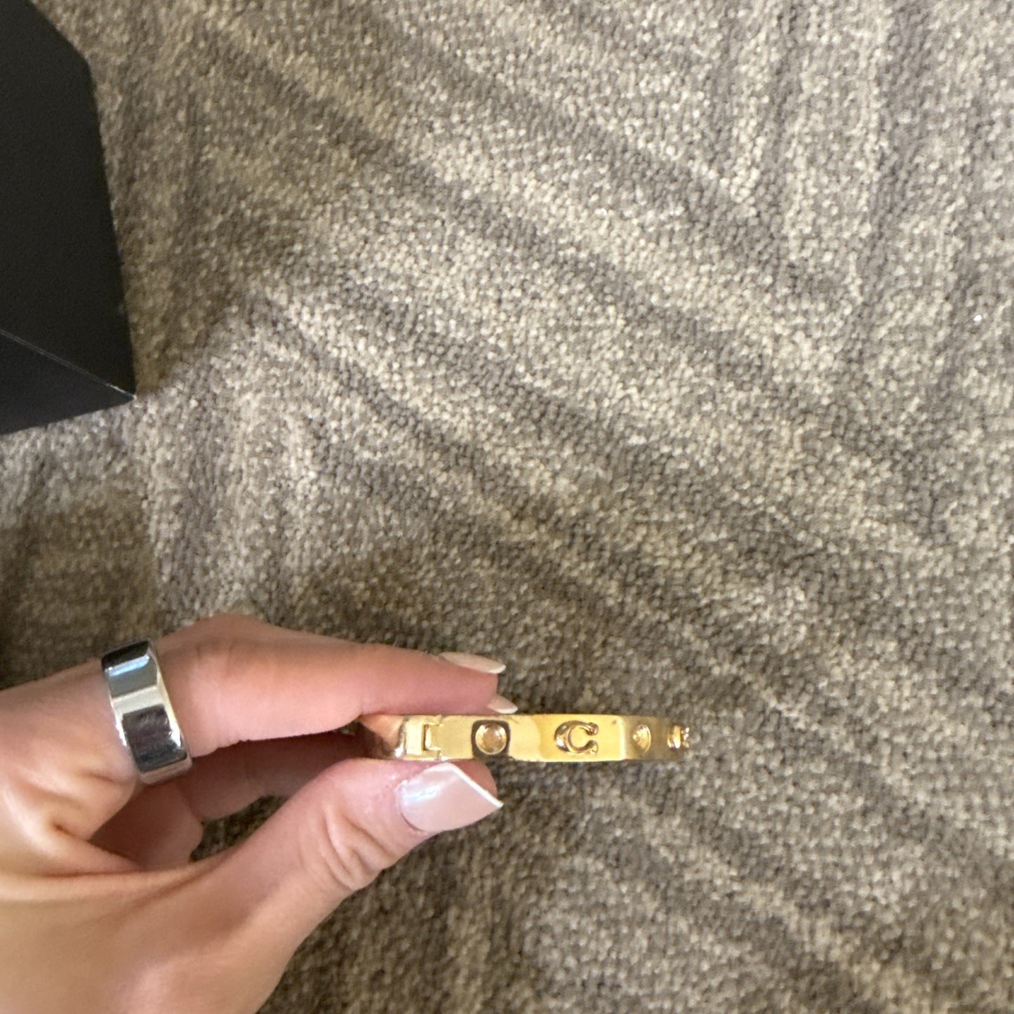 Coach NY Signature C Logo Hinged Stone Sculpted Gold Bangle Bracelet See Notes