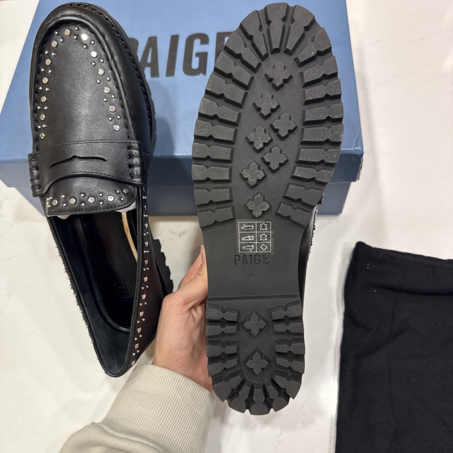 New $328 PAIGE Ellis Studded Black LEATHER Loafers size 8