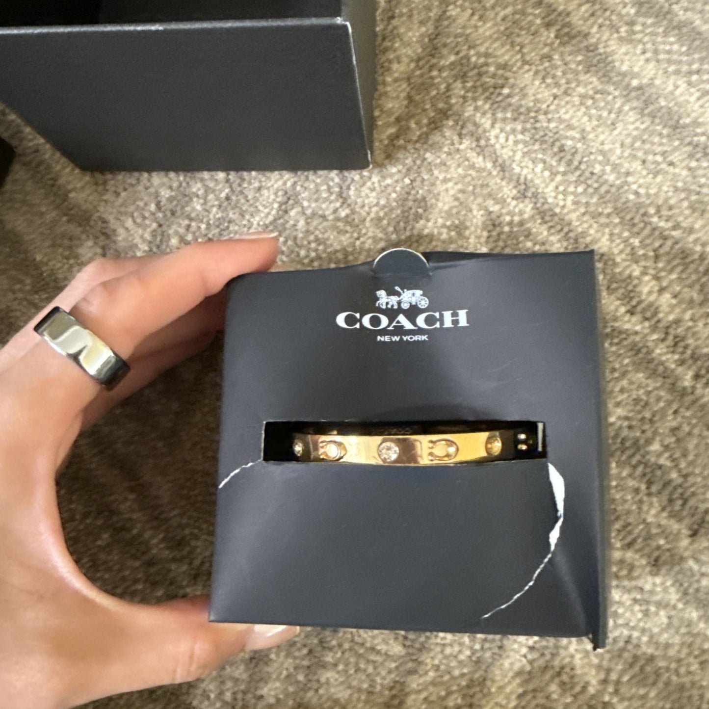 Coach NY Signature C Logo Hinged Stone Sculpted Gold Bangle Bracelet See Notes