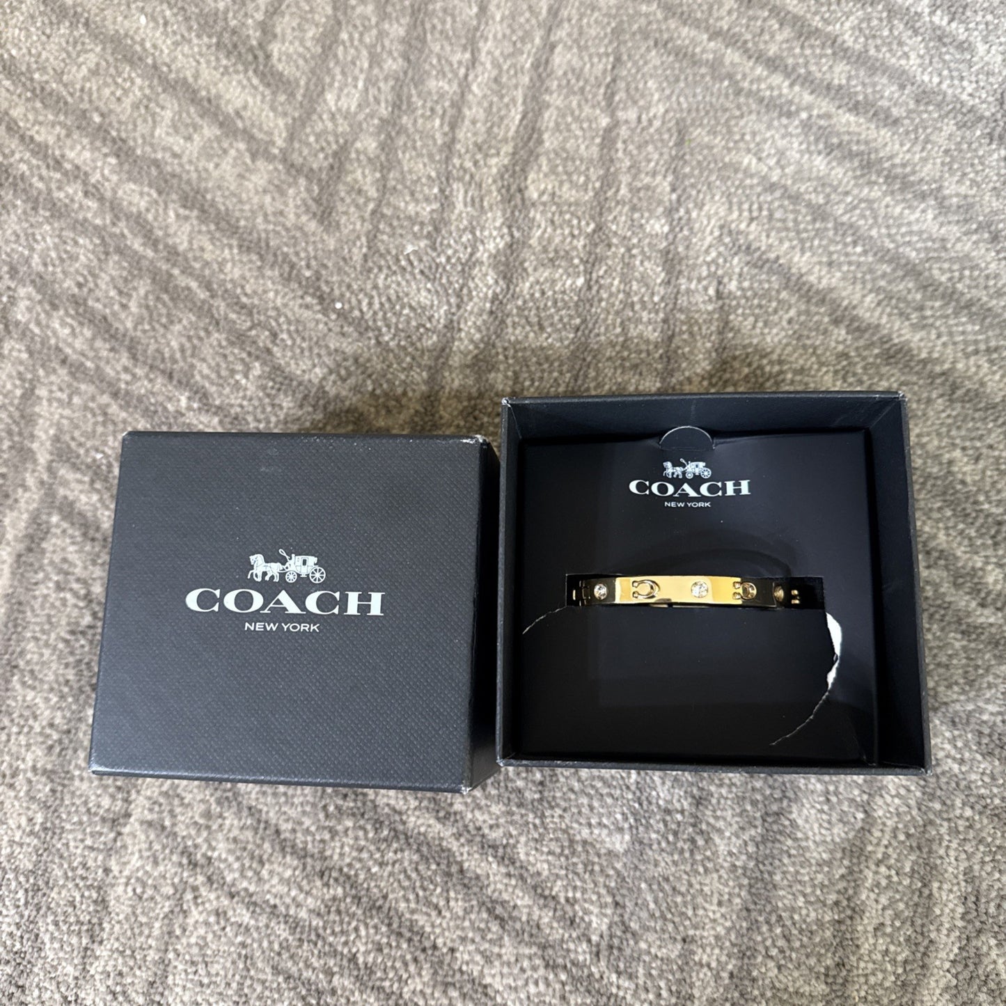 Coach NY Signature C Logo Hinged Stone Sculpted Gold Bangle Bracelet See Notes